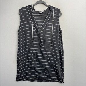 Koy Resort L Stripe Swim Cover Up Gray Mini Dress Tunic Sleeveless Pocket